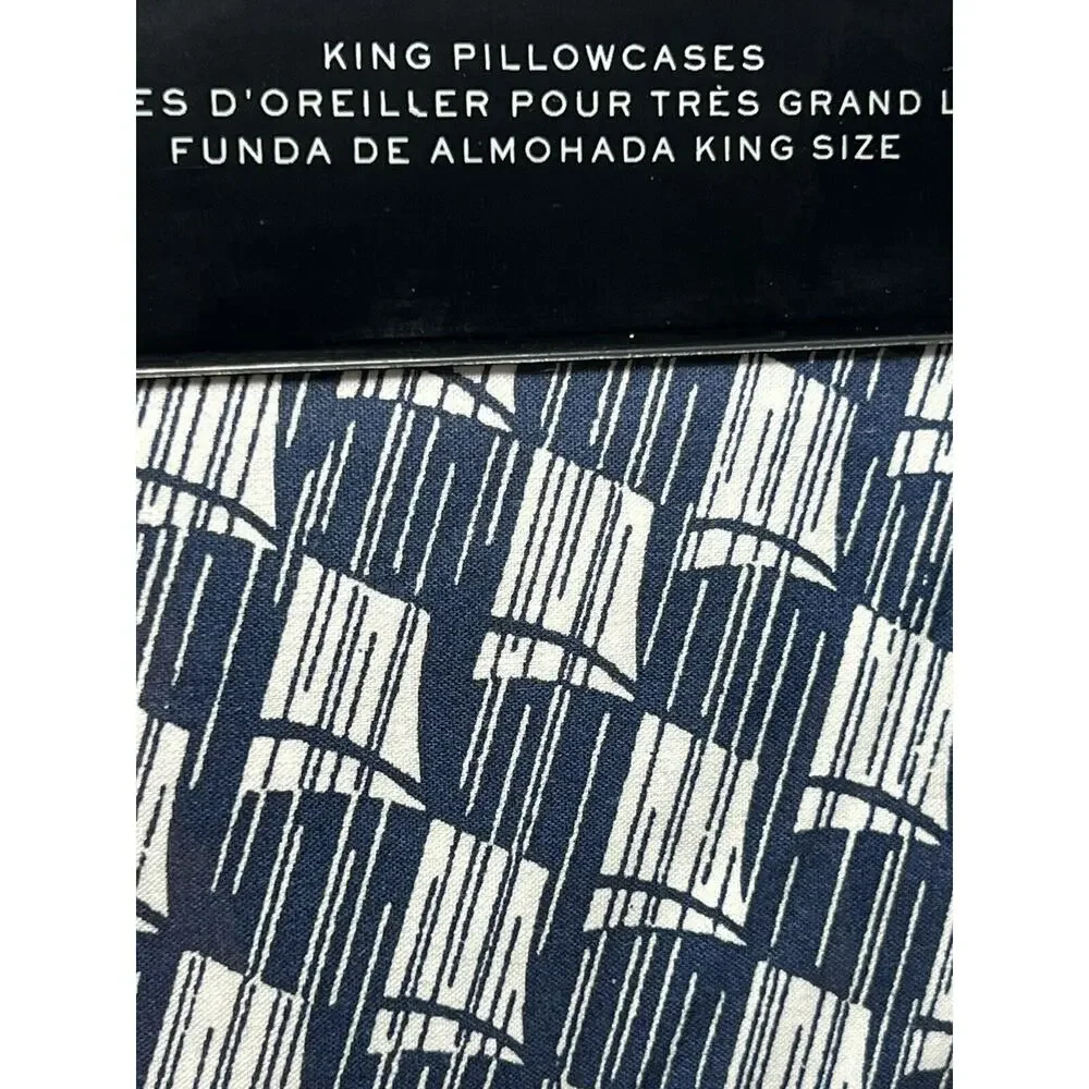 Ralph Lauren Casey King Pillowcases Navy Blue Cream PAIR of 2 Nautical Sails Geo